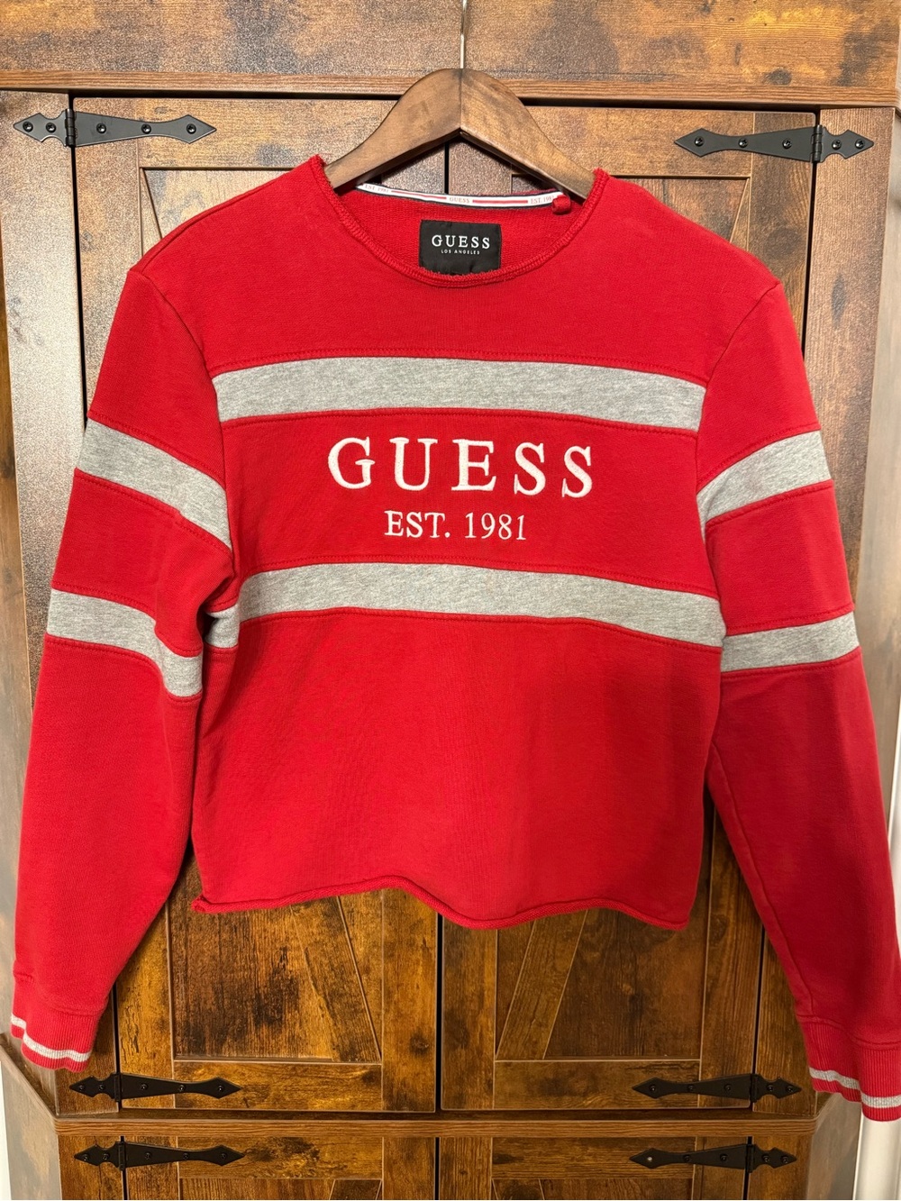 GUESS Women’s Small Red Cropped Sweatshirt Gray Stripe Embroidered Logo